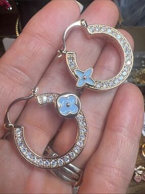 Gold-Tone Crystal Hoop Earrings with White Enamel Flower Accents